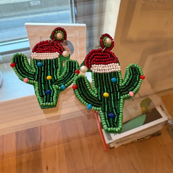 Festive Cactus Beaded Christmas Earrings - Picture 1 of 5